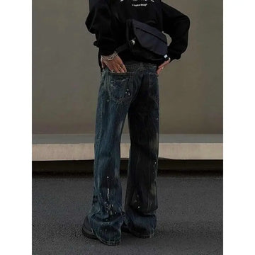 Street men and women trendy personality retro blue splashed ink design straight leg jeans couple hip-hop loose casual pants y2k